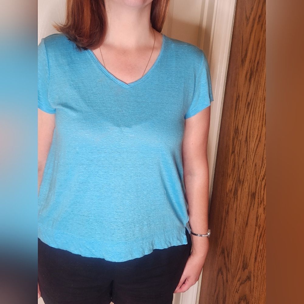 J.Jill L Blue 100% LINEN  Shrtslv V-neck Women’s Top T-shirt